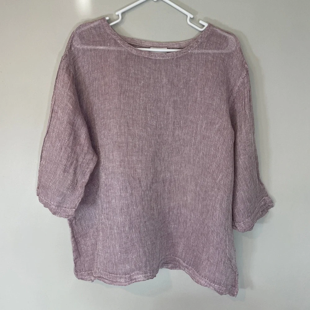 Pure Jill J. Jill Women Large Mauve Striped Linen Gauze Knit Boxy 3/4 Sleeve Top
